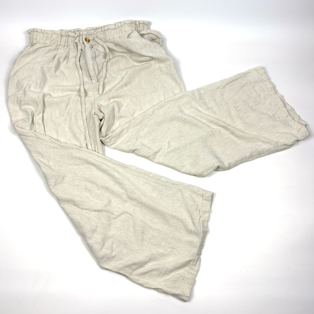 Thread & Supply Pearla Linen Blend Pants Womens Sz L Natural Wheat Beige Wide Lg
